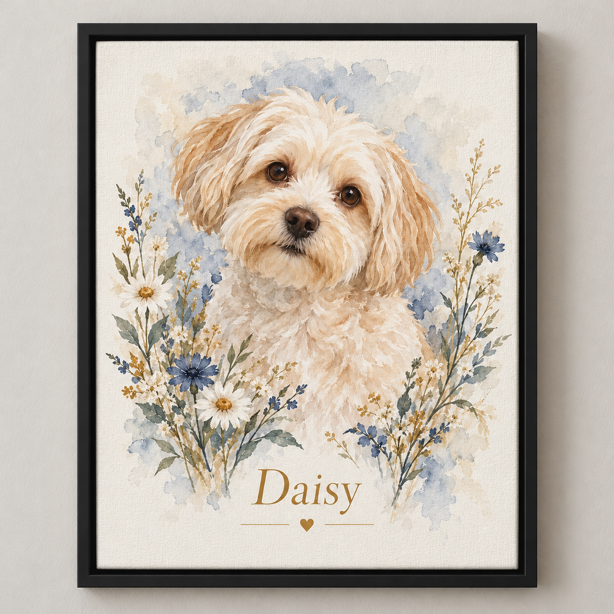Among the Wildflowers — Floral Pet Memorial Portrait — illustrative black floater-framed canvas mockup