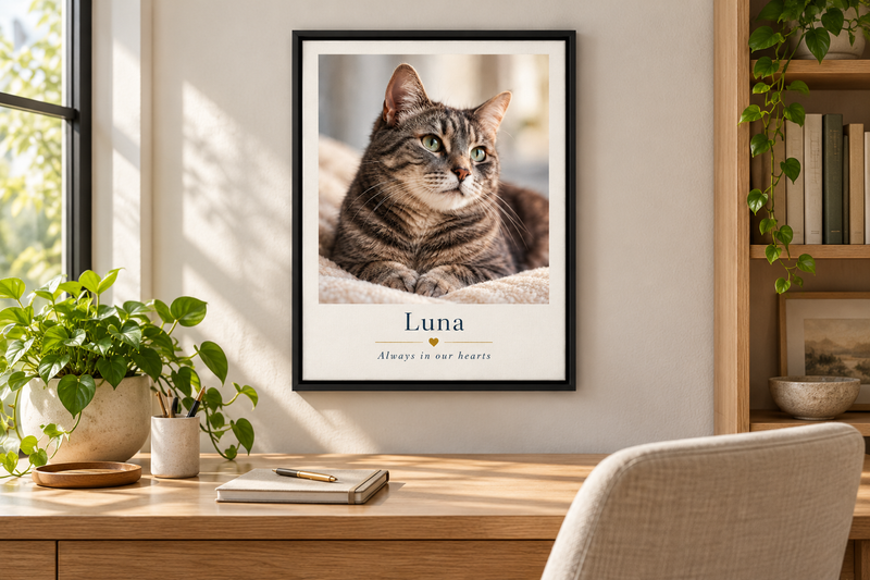 Personalized cat memorial photo artwork in a black frame above a home office desk — lifestyle mockup