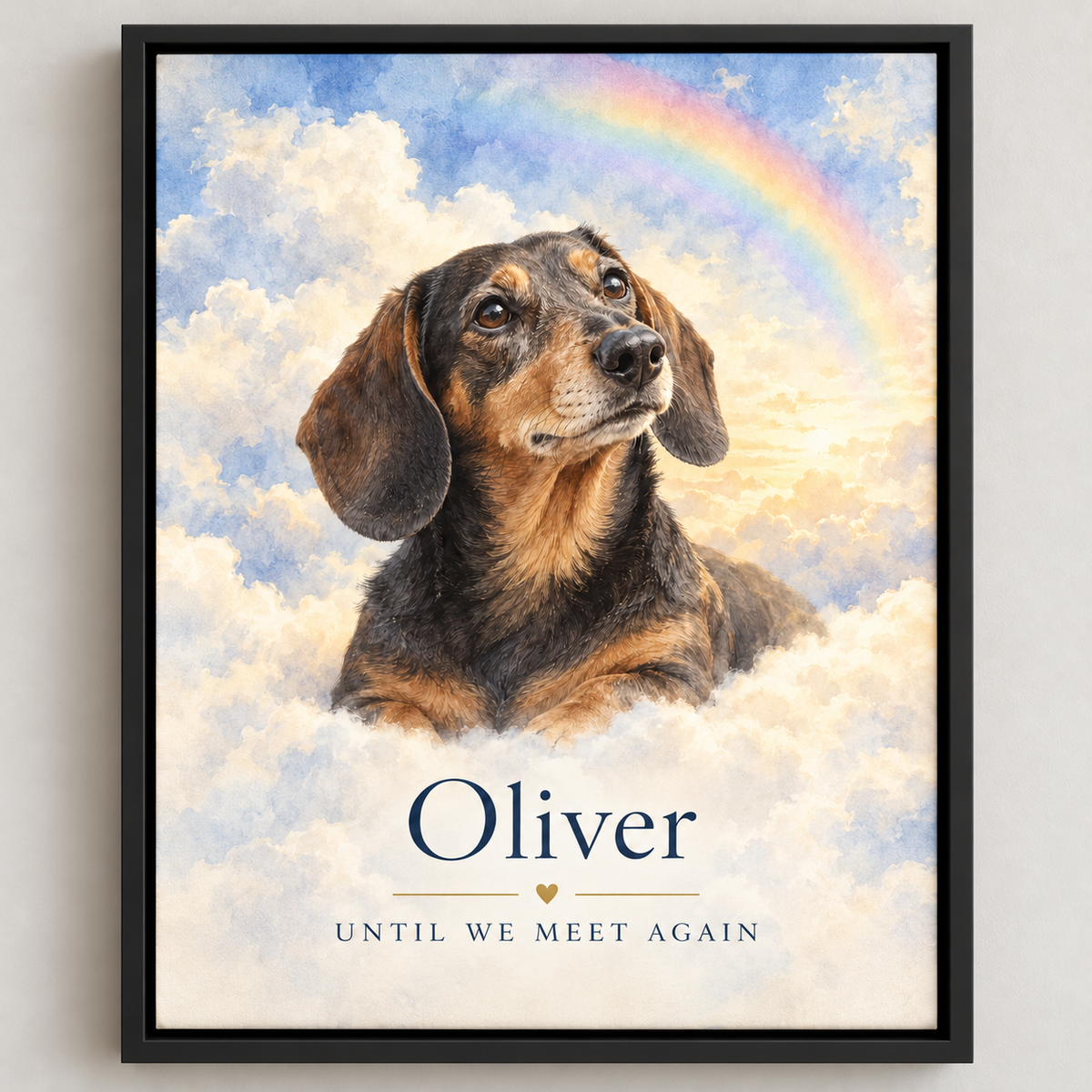 Across the Rainbow Bridge — Pet Memorial Portrait — illustrative black floater-framed canvas mockup