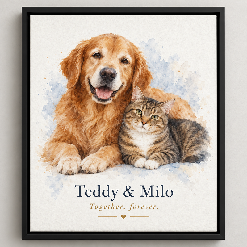 Always Together — Two-Pet Memorial Portrait — illustrative black floater-framed canvas mockup