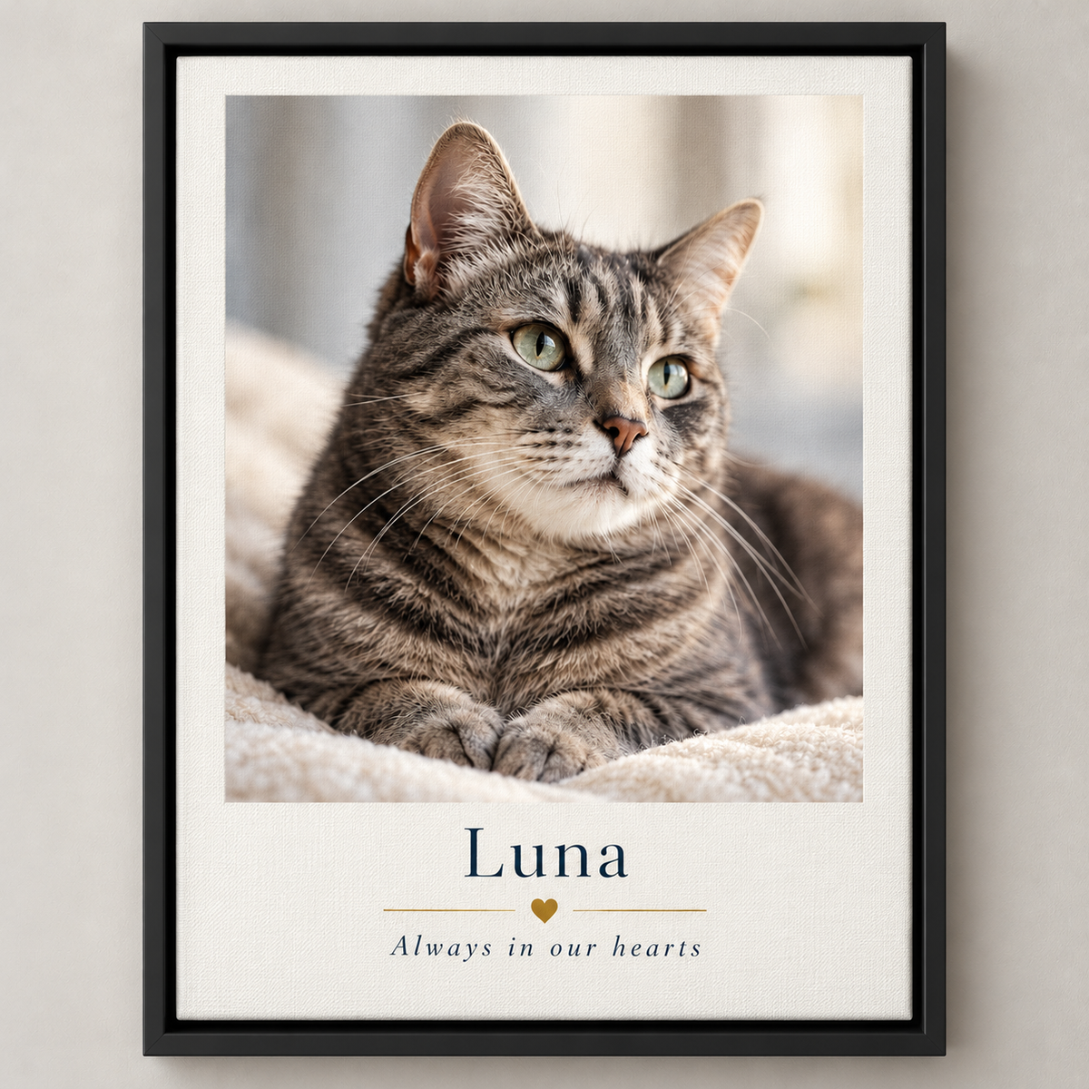 Simply Remembered — Pet Memorial Photo Print — illustrative black floater-framed canvas mockup