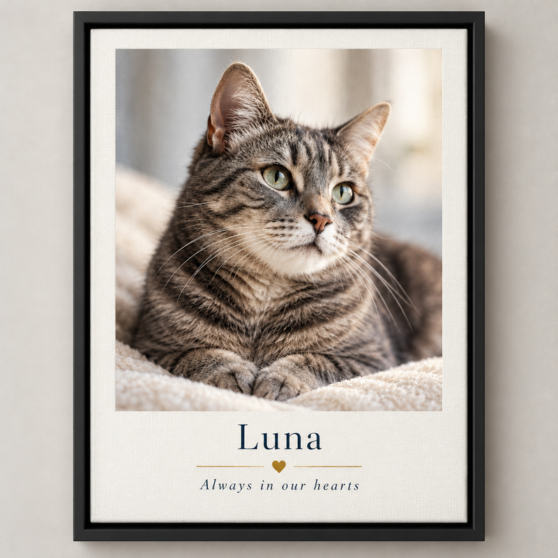 Simply Remembered — Pet Memorial Photo Print — illustrative black floater-framed canvas mockup