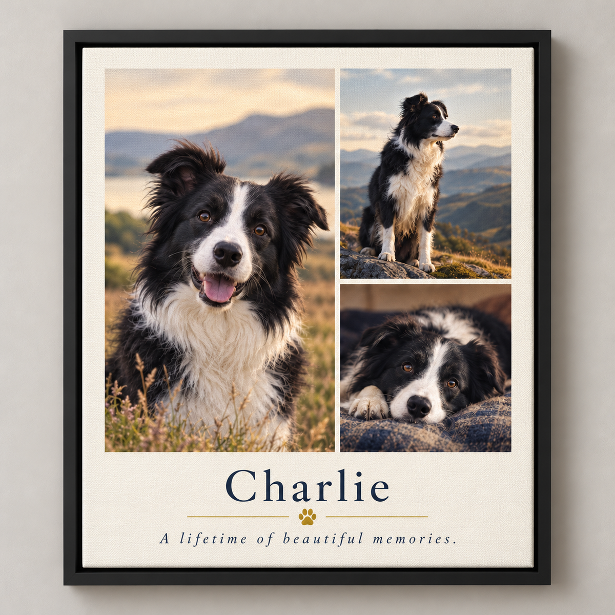 A Life of Love — Pet Memorial Photo Collage — illustrative black floater-framed canvas mockup
